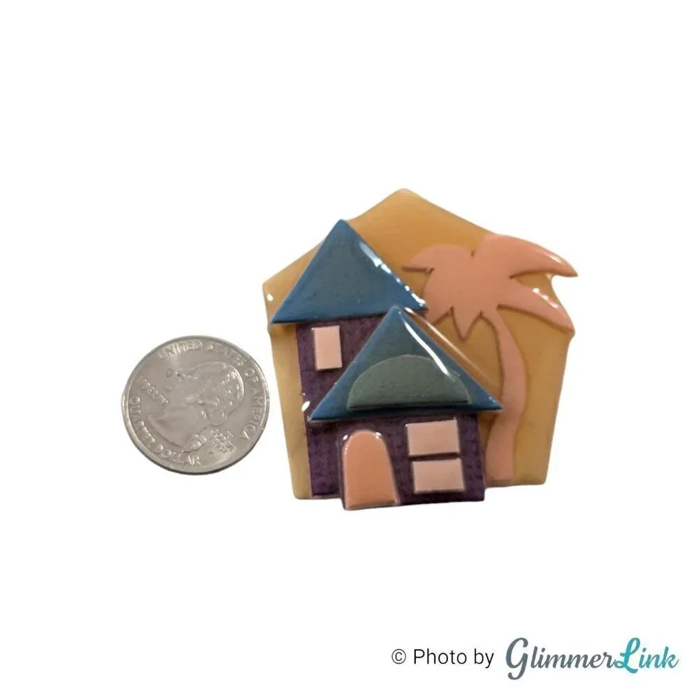 Vintage House Pins By Lucinda Beach House Palm Tree Resin Mixed Media Brooch Pin